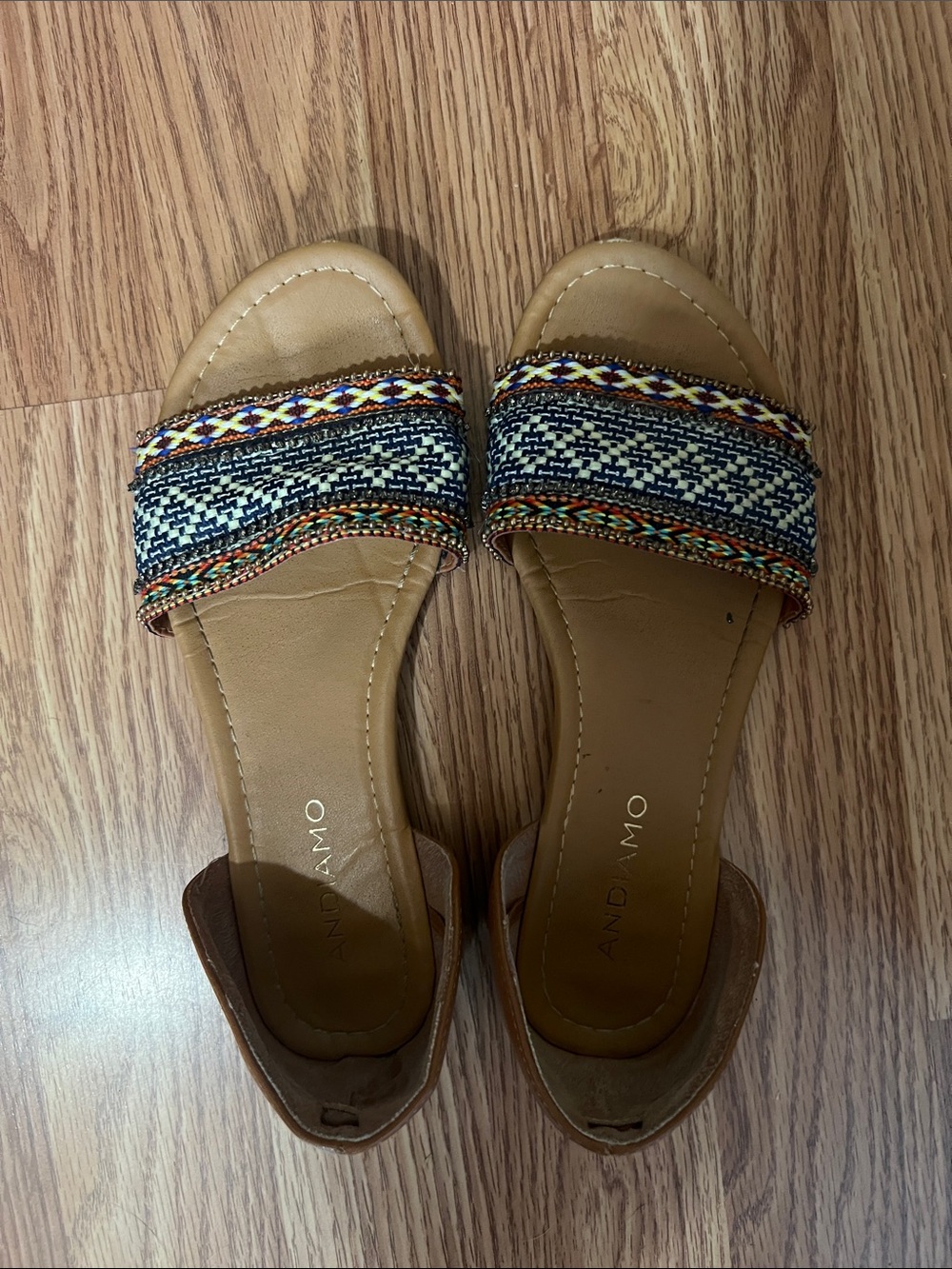 Andiamo Tan Slide Sandals with Multicolor Woven Strap